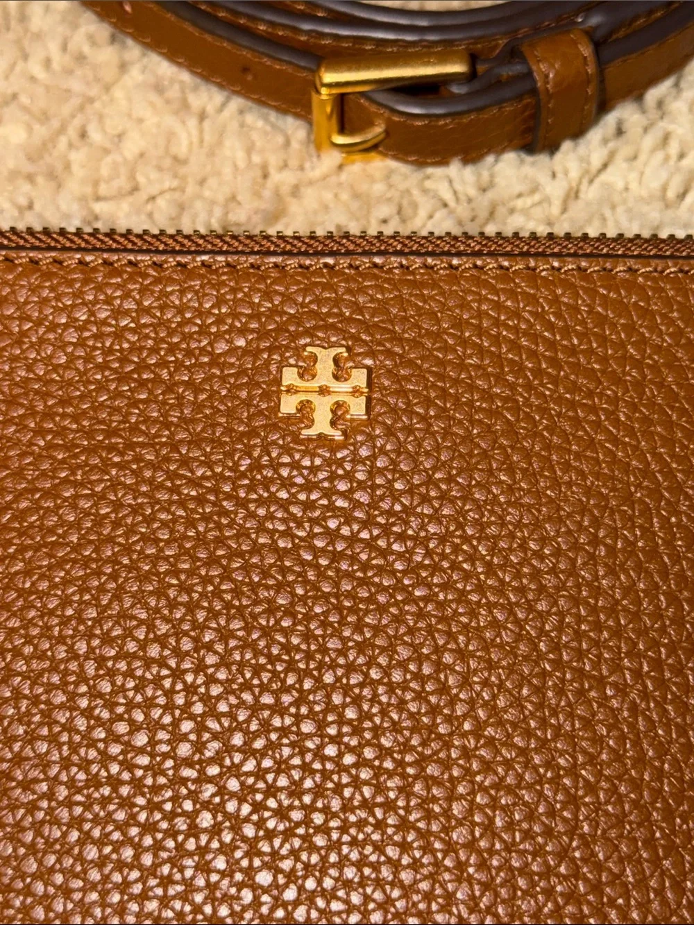 Tory Burch Blake Double Zip Slim Crossbody bag in a brown pebbled leather